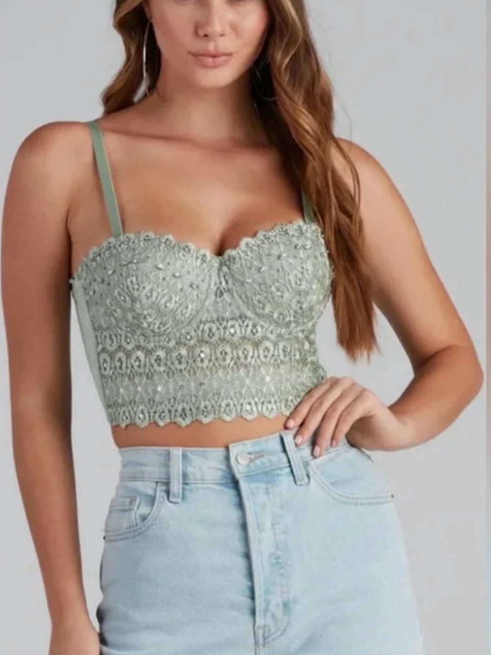 Sage Lace Longline Bralette by Sage in Light Green